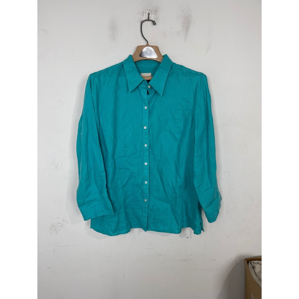 Talbots Petites Turquoise 100% Linen Button Down Shirt Teal Blue 14P IN2707